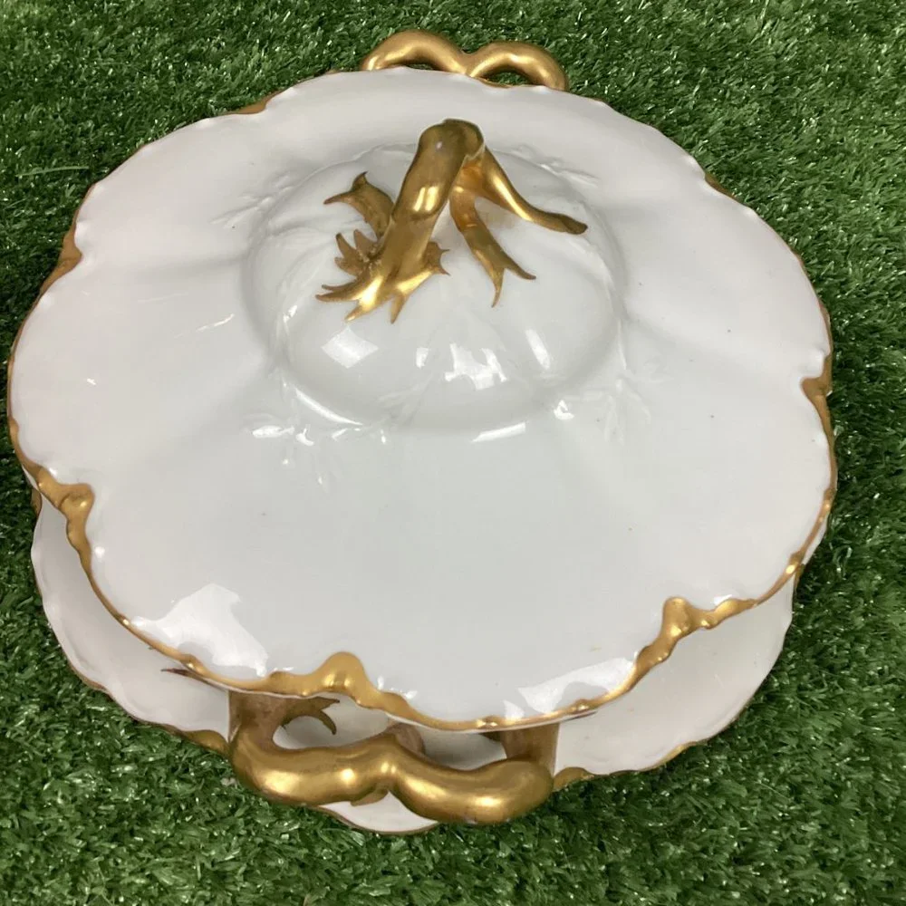 Antique Haviland Limoges Gold & White Porcelain Tureen Covered Bowl